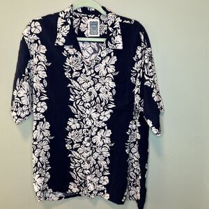 Ocean Current Hawaiian Shirt Mens L Blue White Floral Tropical Button Up Aloha